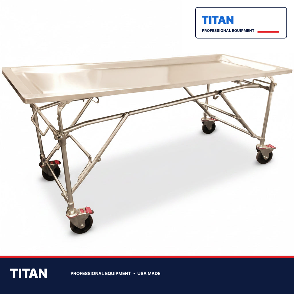 TITAN Economy Multi-Height Folding Embalming Table — professional mortuary equipment by TITAN