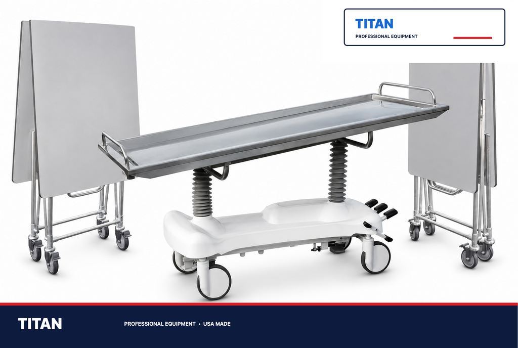 TITAN Hydraulic Embalming Table + Standard & XL Dressing Table Bundle — professional mortuary equipment by TITAN