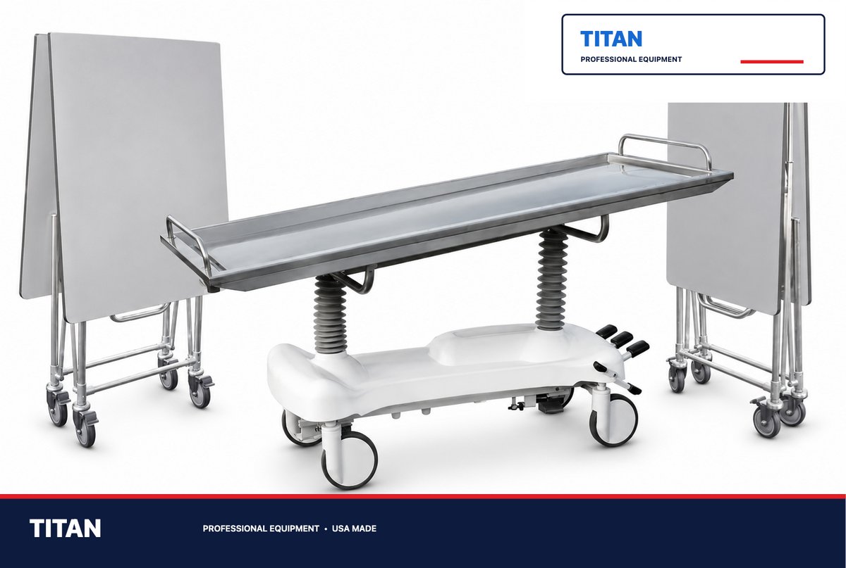 TITAN Hydraulic Embalming Table + Standard & XL Dressing Table Bundle — professional mortuary equipment by TITAN