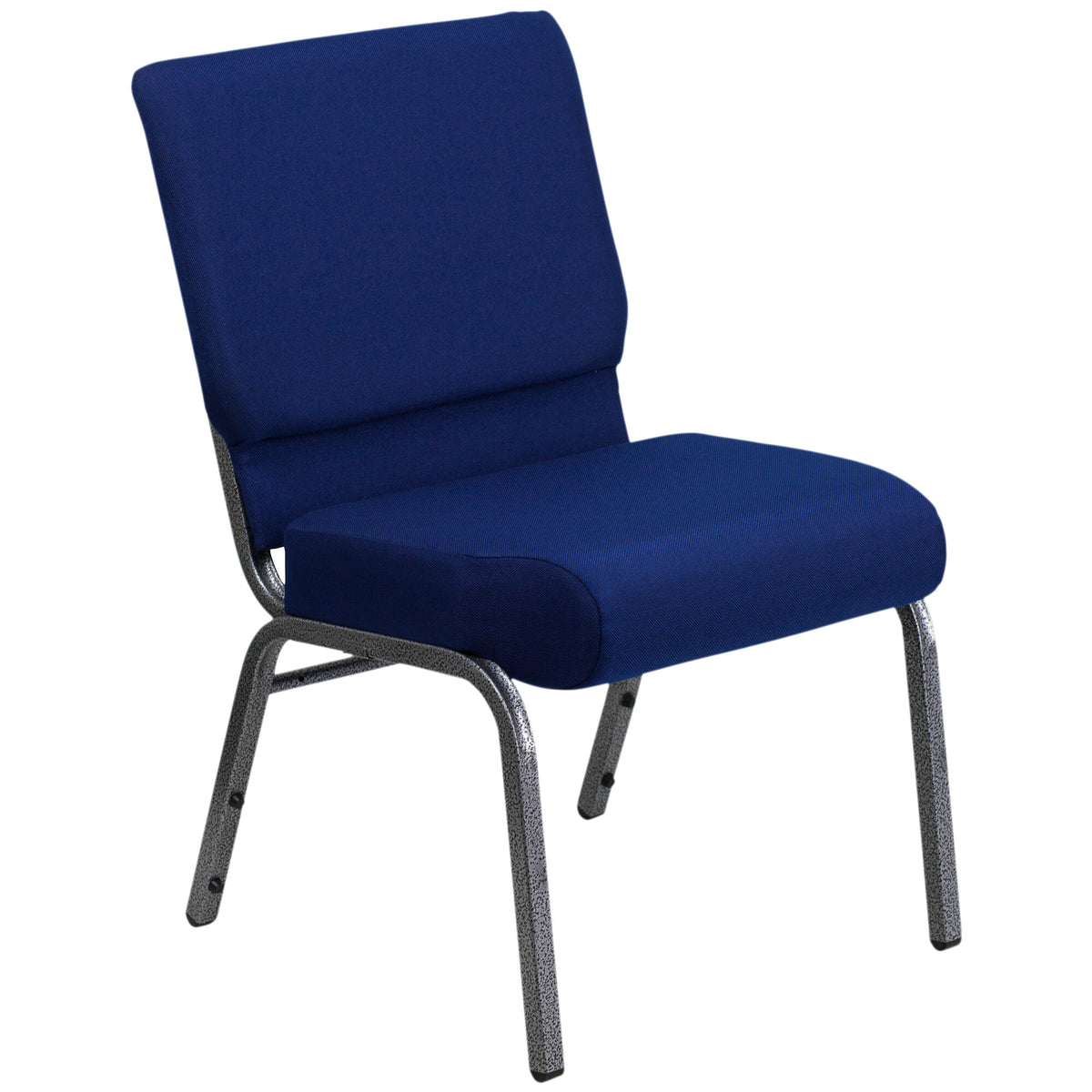 A navy blue TITAN church chair with a silver metal frame.