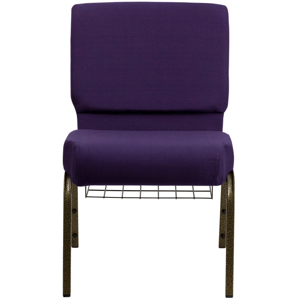 A Royal Purple TITAN church chair with metal legs and a wire rack.