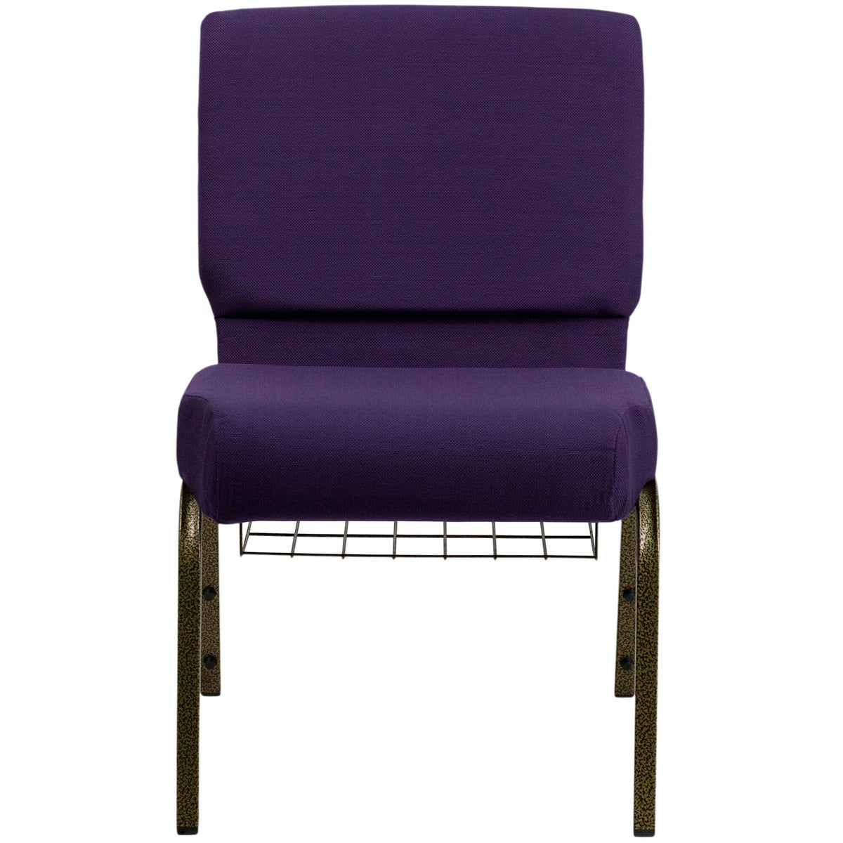 A Royal Purple TITAN church chair with metal legs and a wire rack.