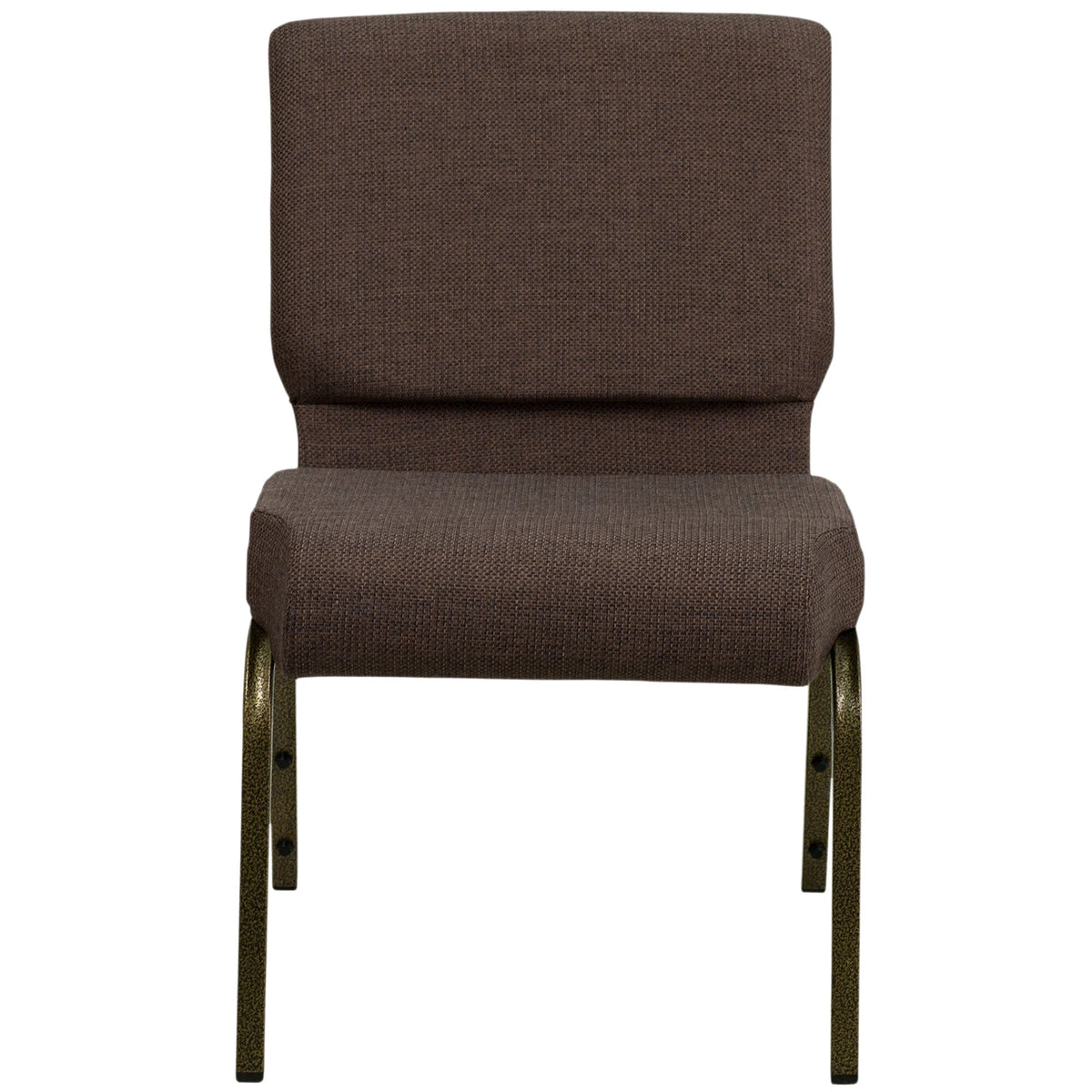 A brown church chair with a gold vein metal frame.