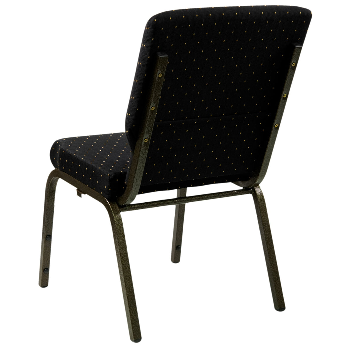 A TITAN black church chair with gold polka dot fabric on the seat and back.