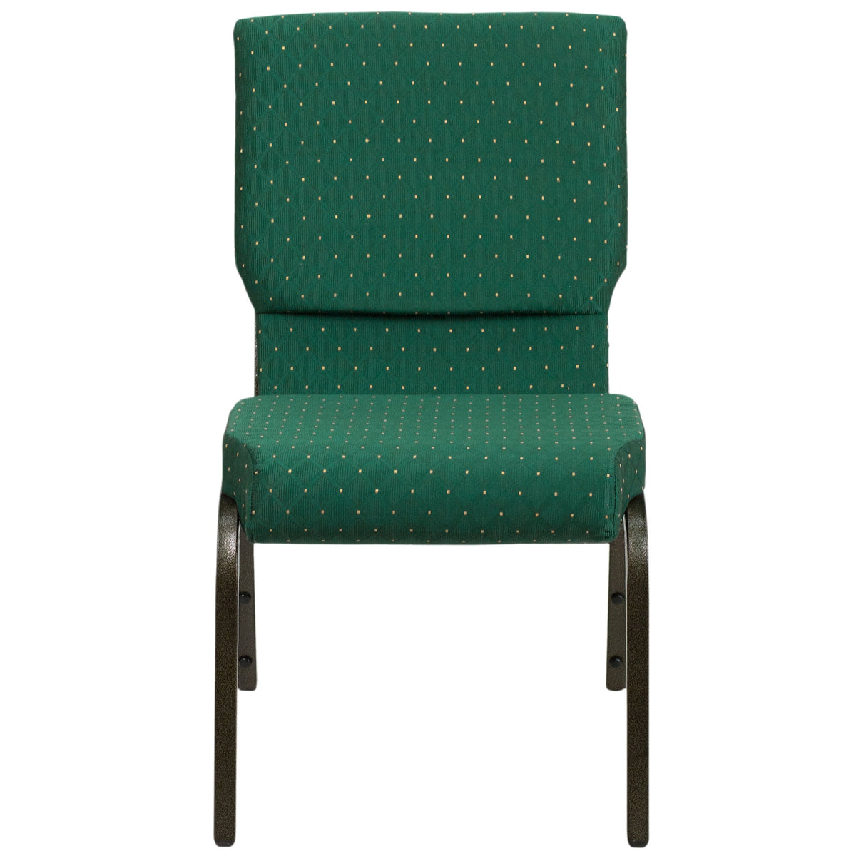 A green church chair with gold dots on the backrest.