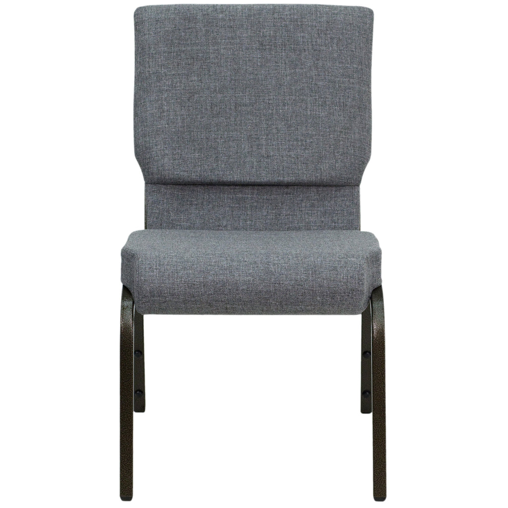 A gray church chair with a metal frame.