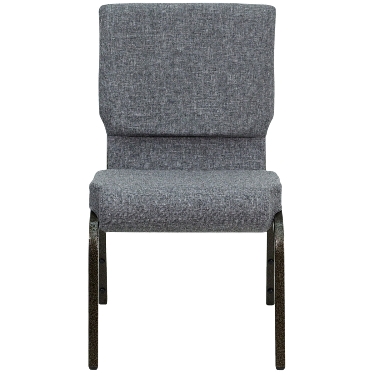A gray church chair with a metal frame.