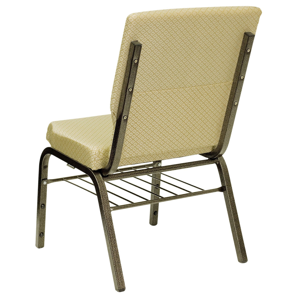 A beige church chair with a metal frame and cushion.
