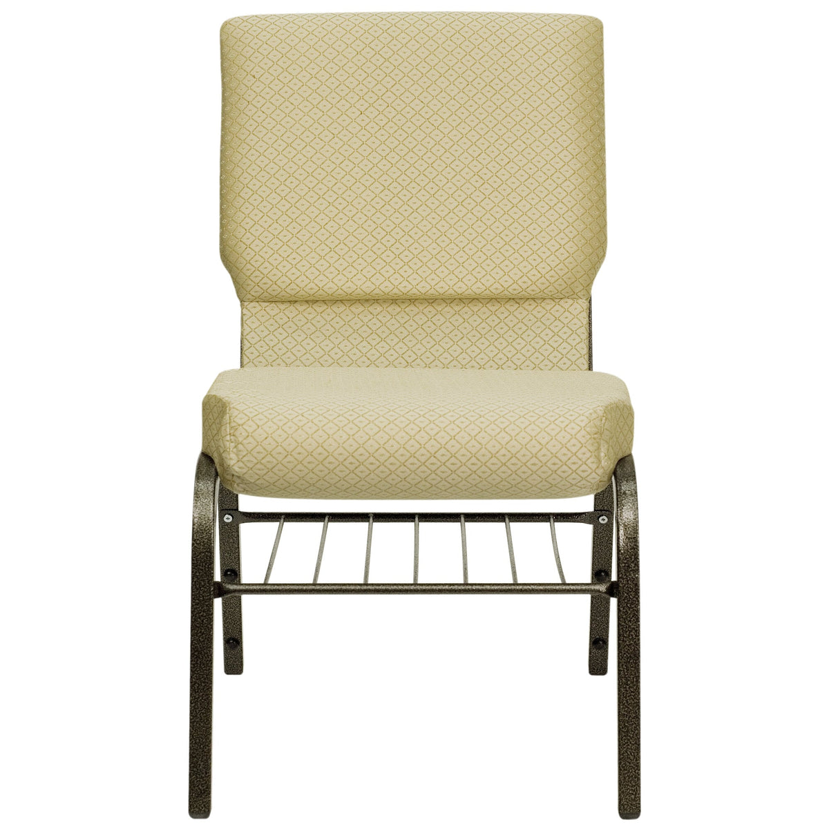 A beige church chair with a gold metal frame and a communion cup book rack.