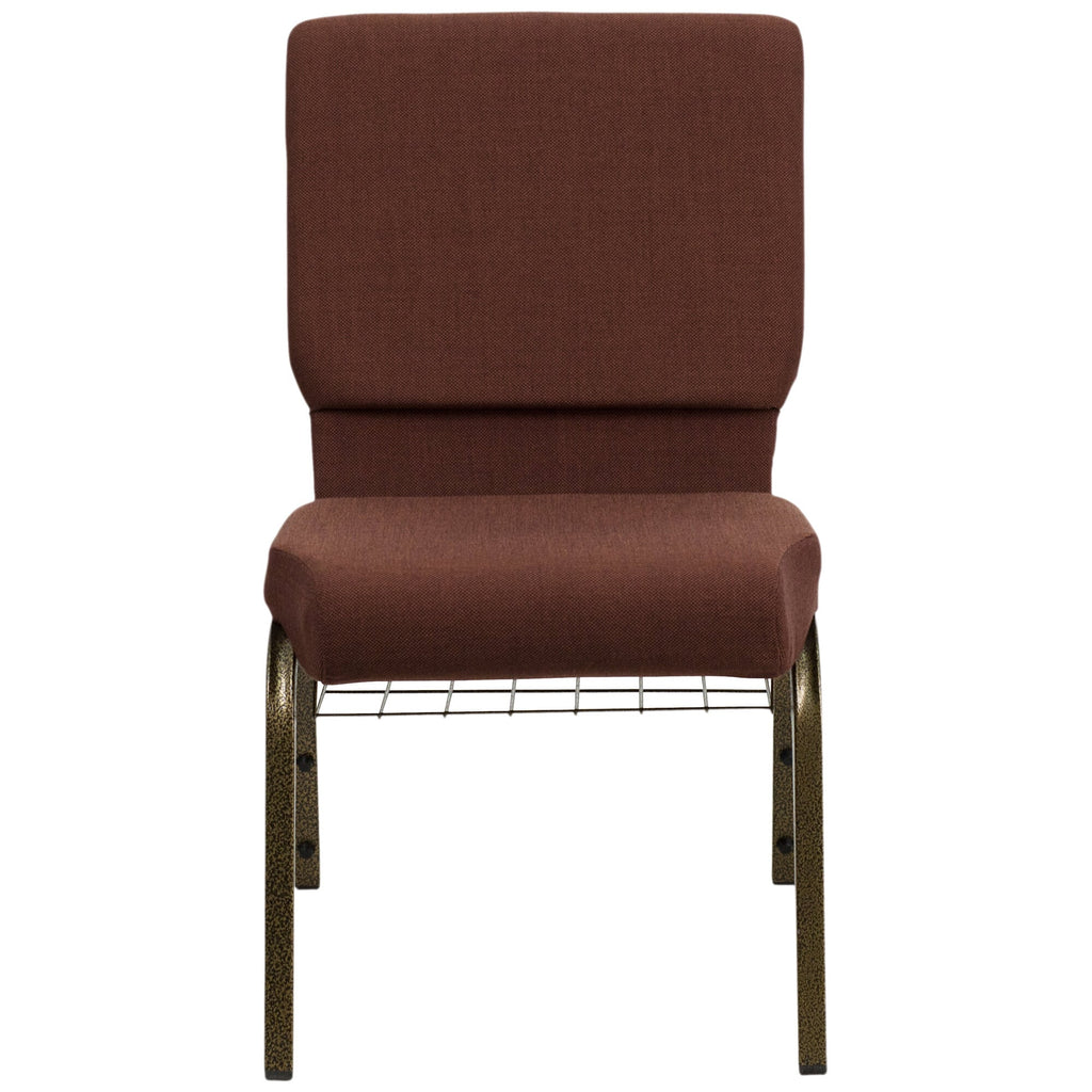 A brown TITAN church chair with metal legs and a book rack.