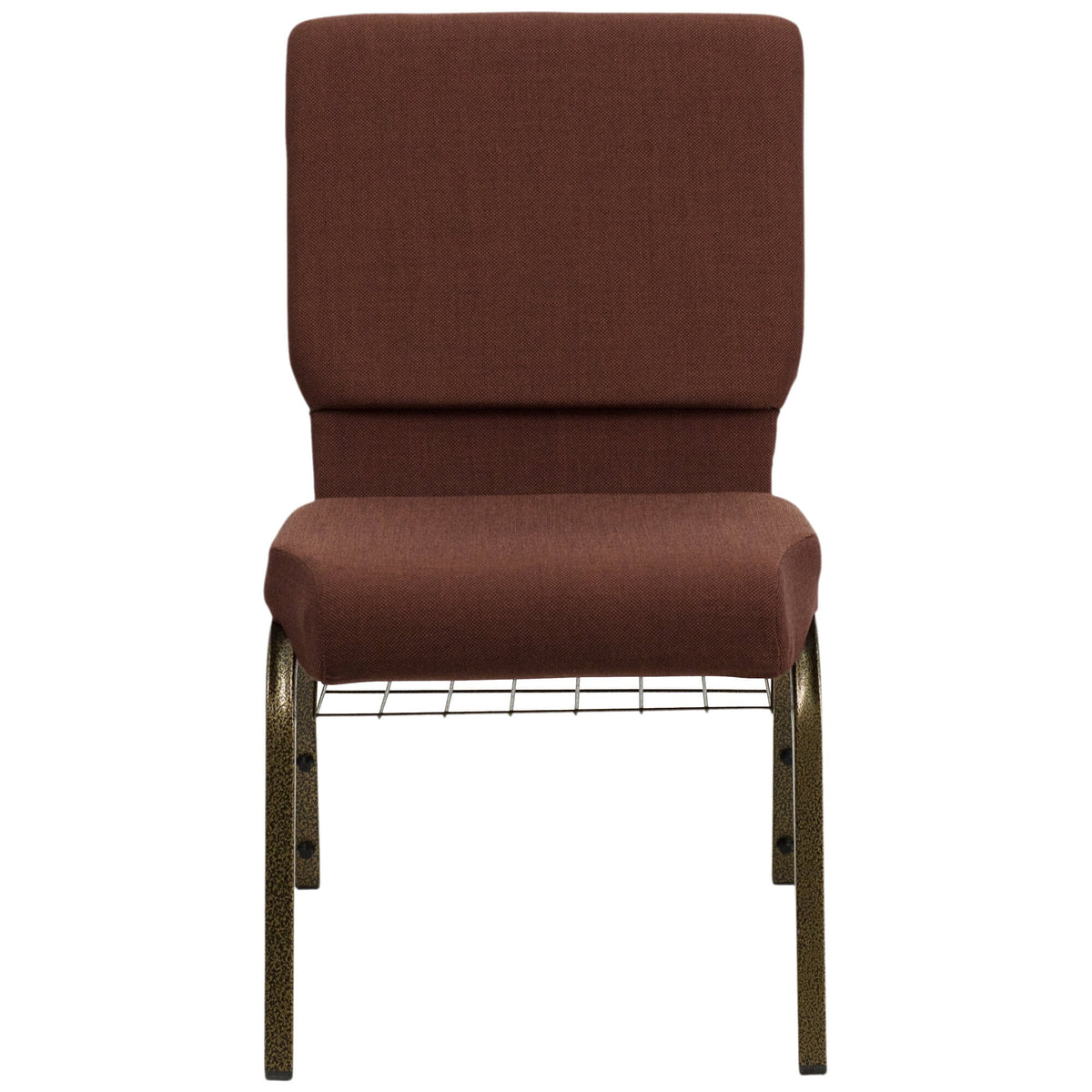 A brown TITAN church chair with metal legs and a book rack.