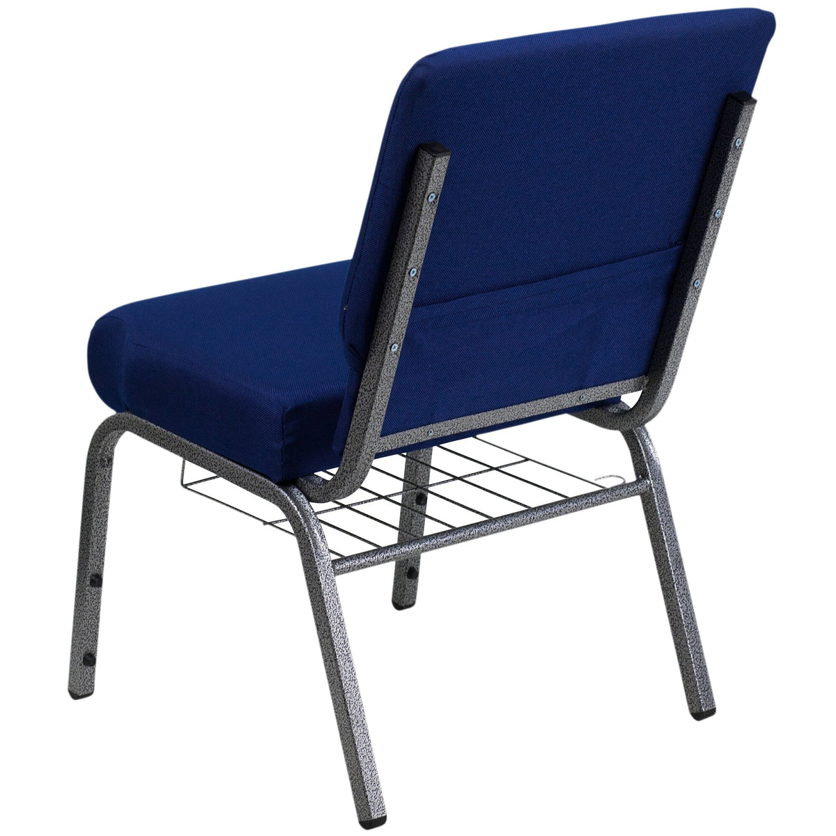 A navy blue TITAN church chair with a silver metal frame.