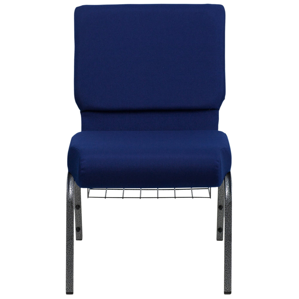 A navy blue TITAN church chair with metal legs and a wire rack.
