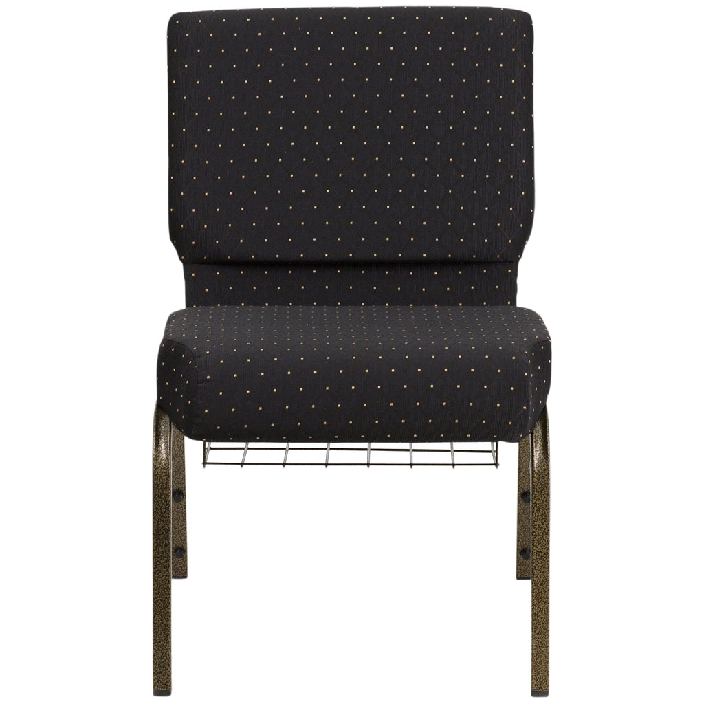 A black church chair with gold metal legs and a dot pattern.