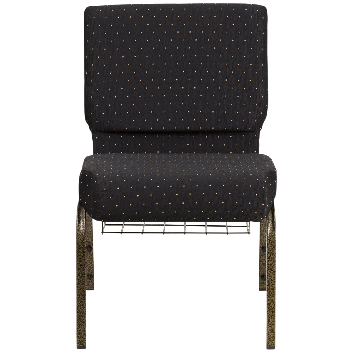 A black church chair with gold metal legs and a dot pattern.