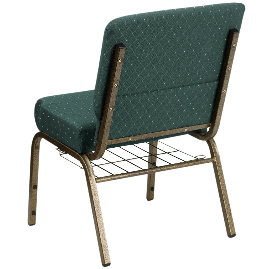 A TITAN Hunter Green Dot Patterned church chair with a gold metal frame.
