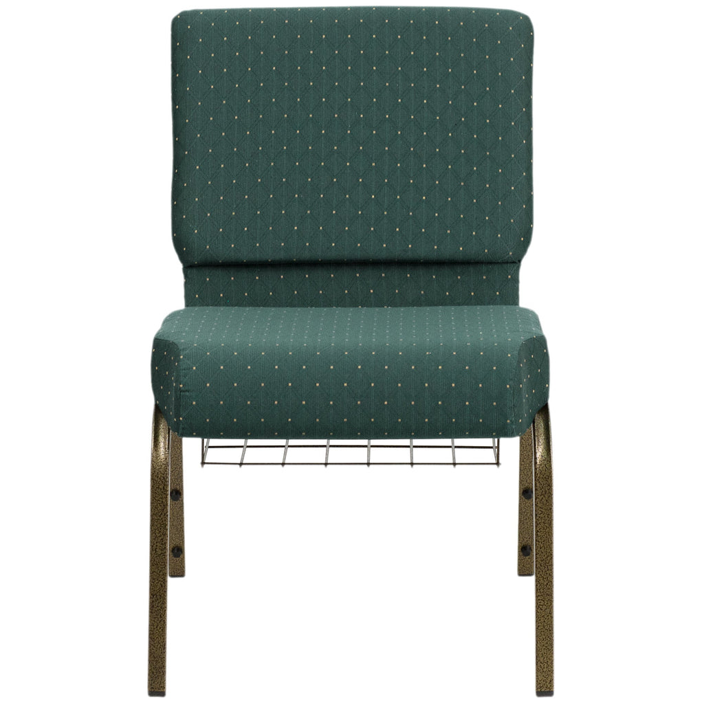 A green church chair with a gold metal frame and cup rack.