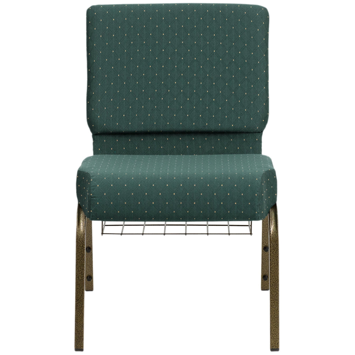 A green church chair with a gold metal frame and cup rack.