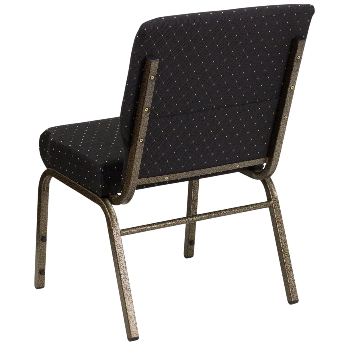 A black church chair with gold legs and a polka dot pattern.