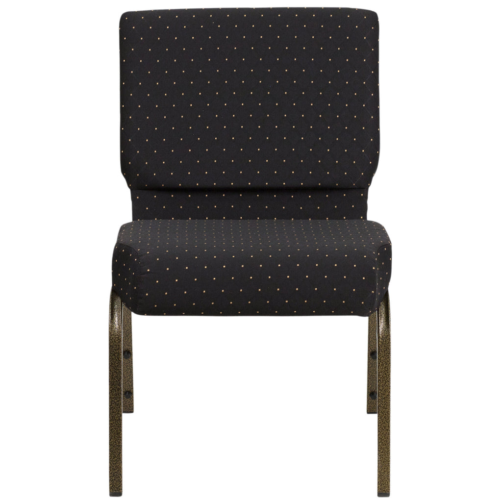 A black church chair with gold legs and a polka dot pattern.