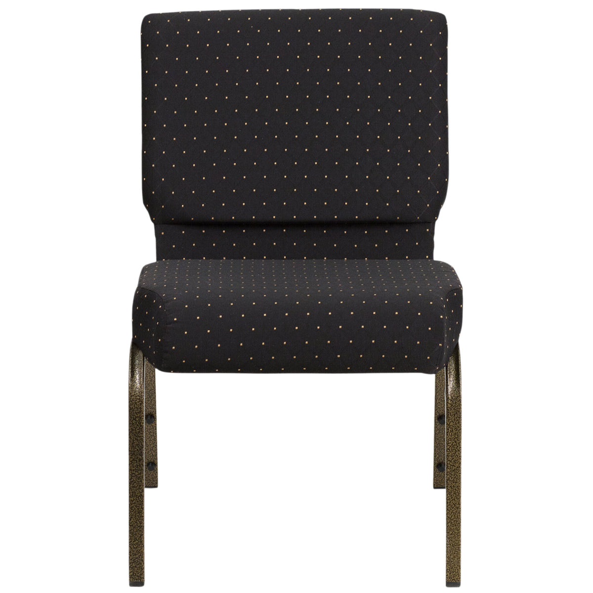 A black church chair with gold legs and a polka dot pattern.