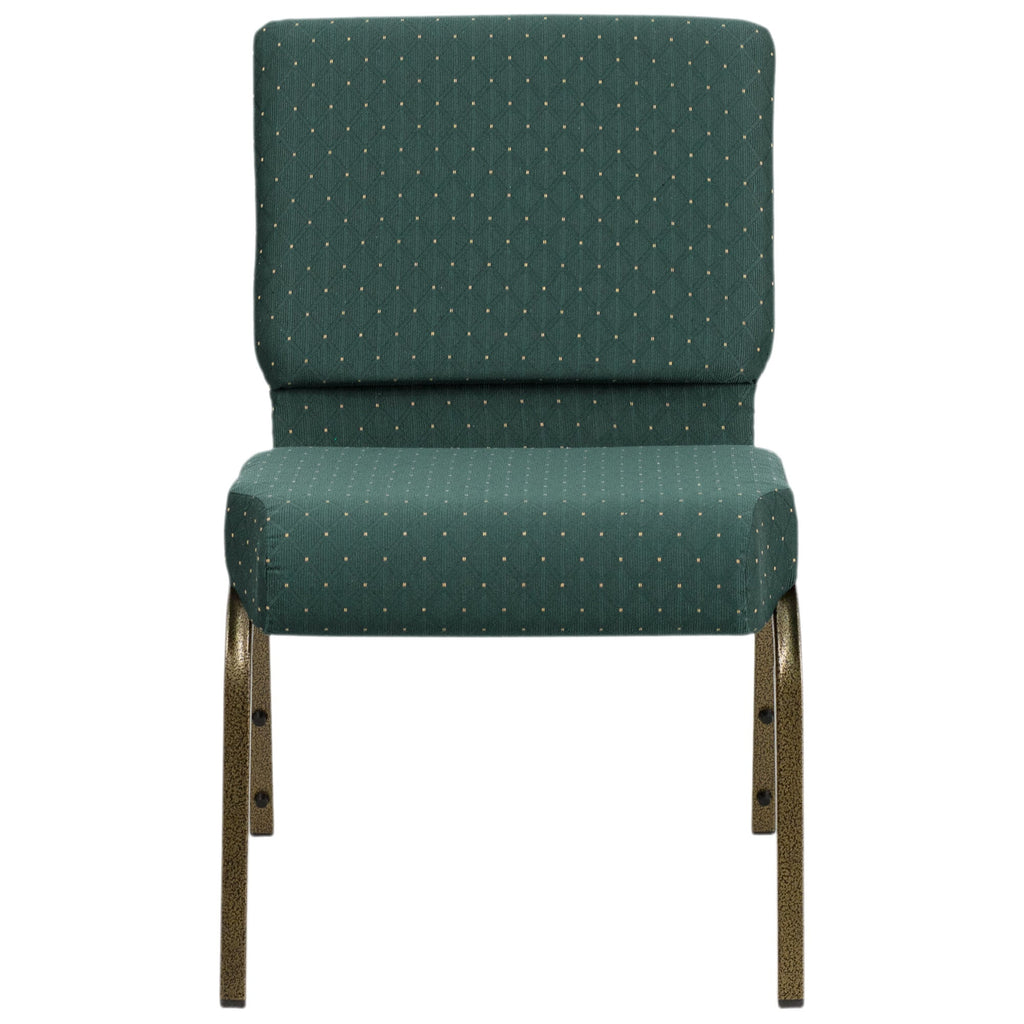 A green church chair with a green and gold dot patterned fabric and gold legs.