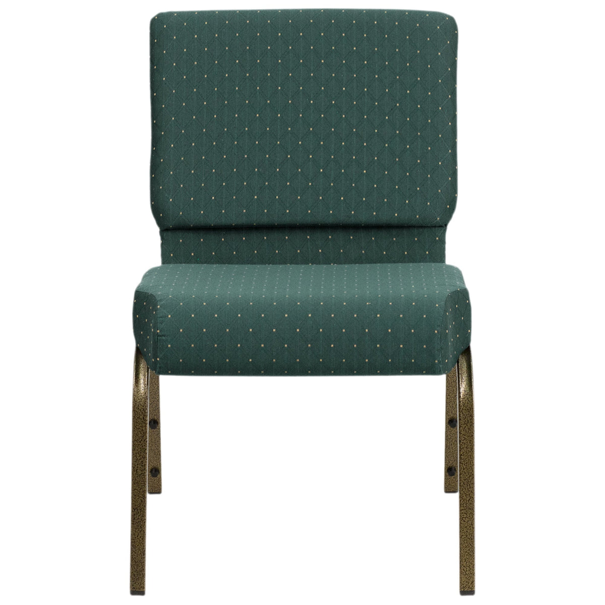 A green church chair with a green and gold dot patterned fabric and gold legs.