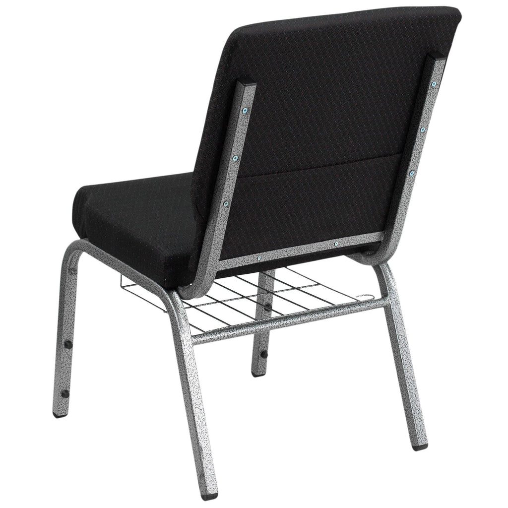 A black church chair with a silver metal frame.