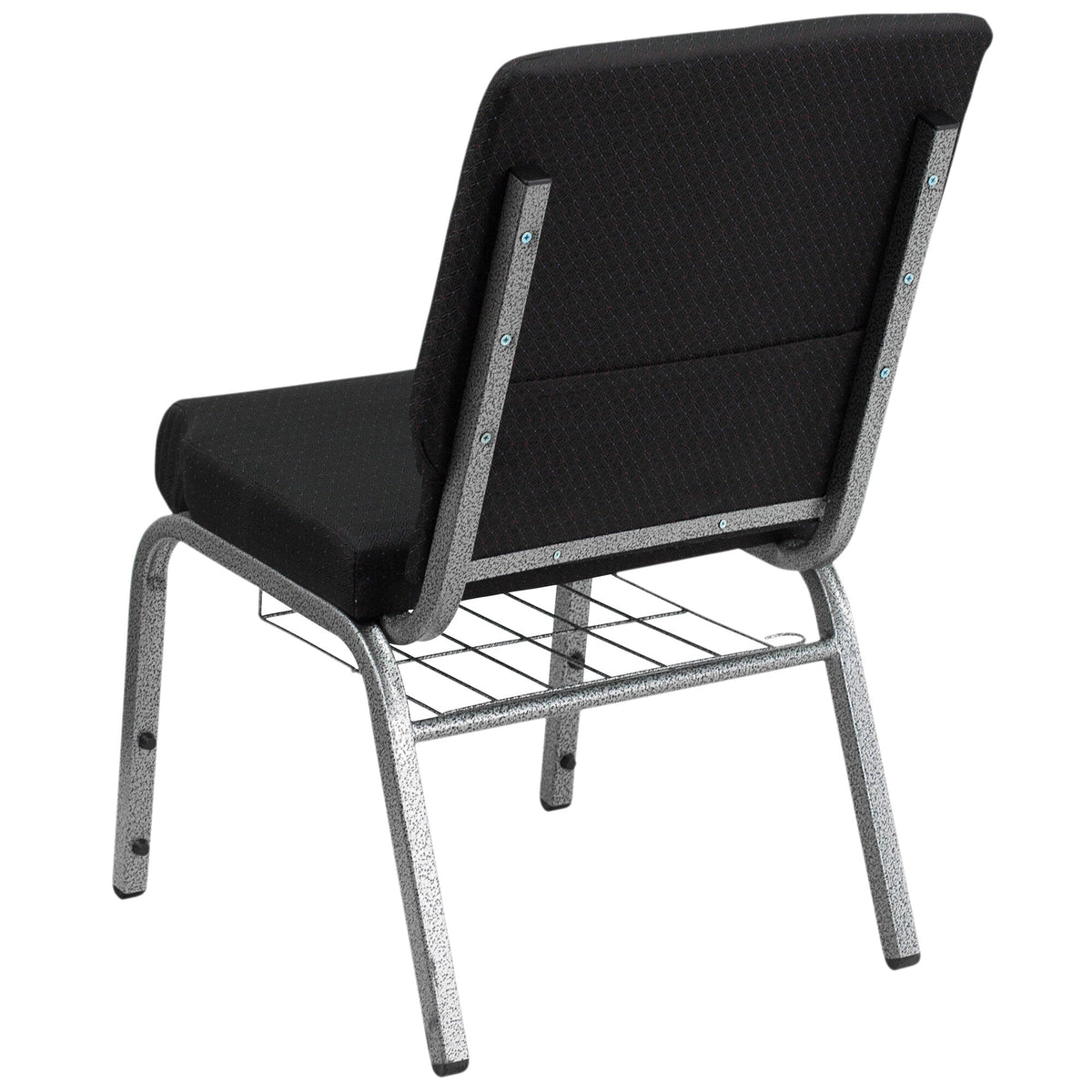 A black church chair with a silver metal frame.