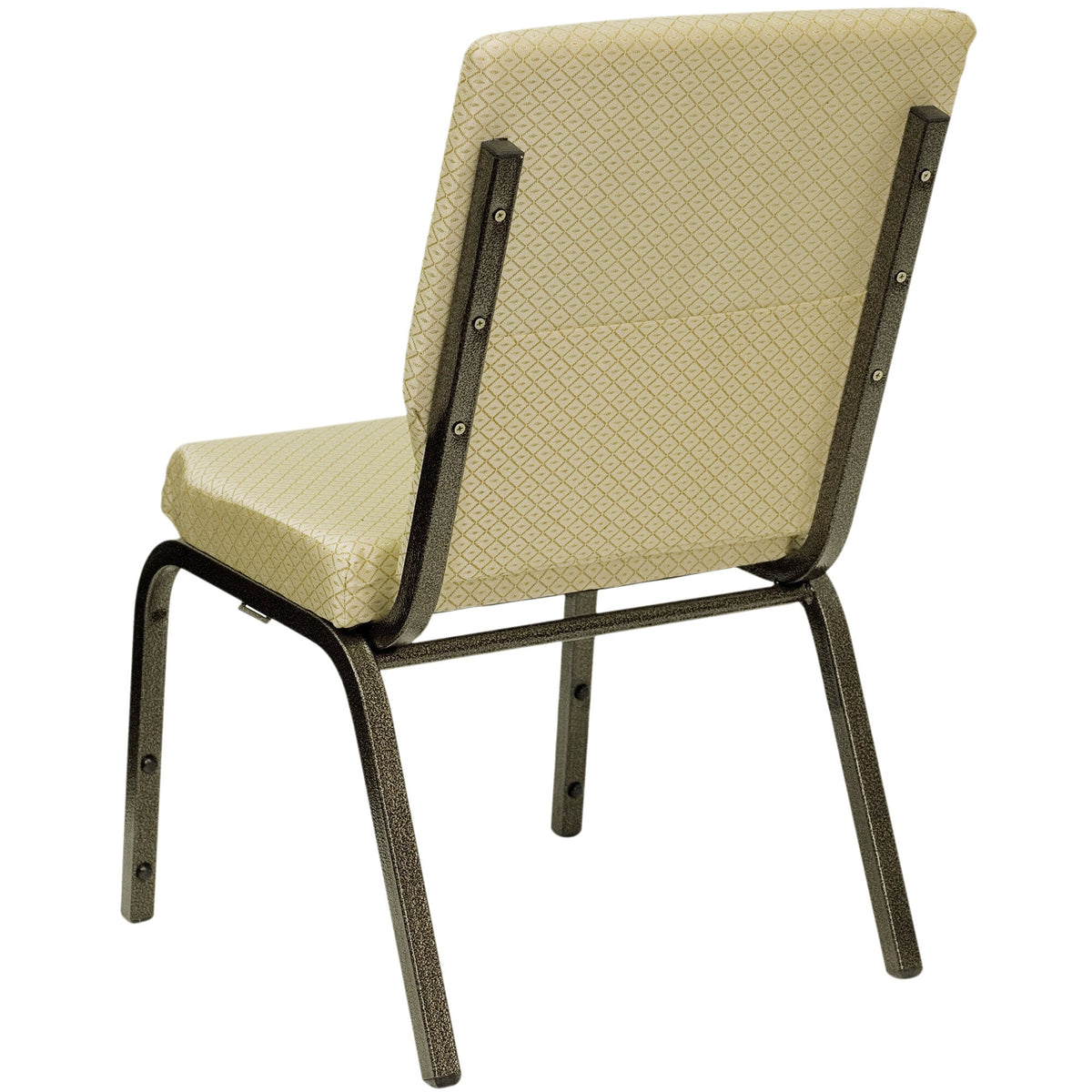 A beige church chair with a cushion and a gold vein metal frame.