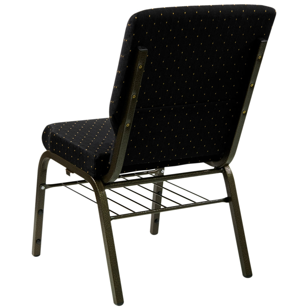 A TITAN black church chair with a gold metal frame and dot patterned fabric.