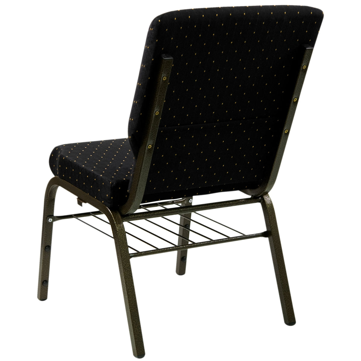 A TITAN black church chair with a gold metal frame and dot patterned fabric.