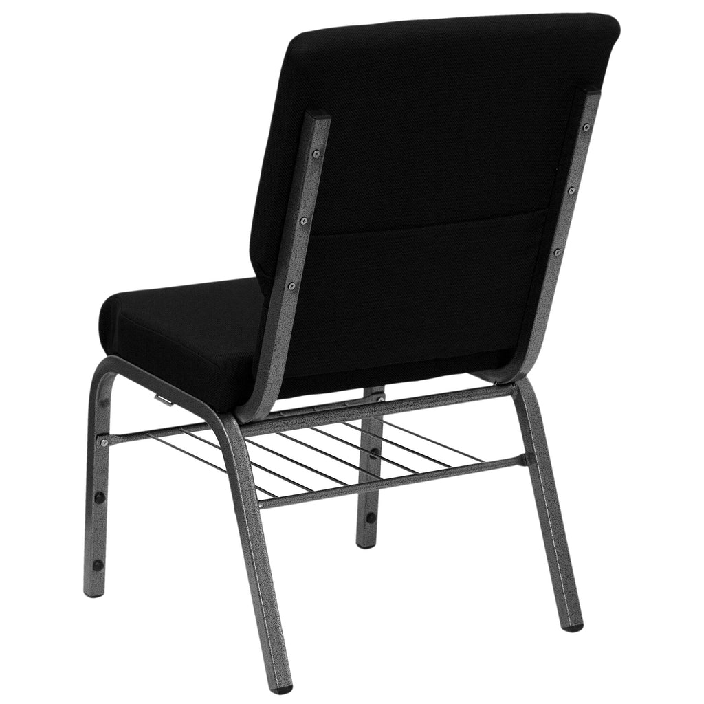 A black TITAN church chair with metal legs and a silver vein communion cup book rack.