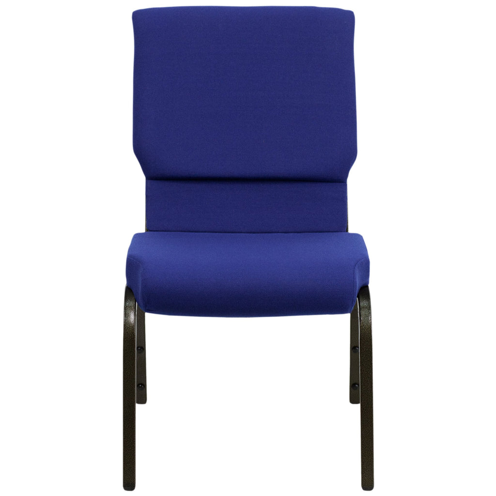 A navy blue church chair with black metal legs.