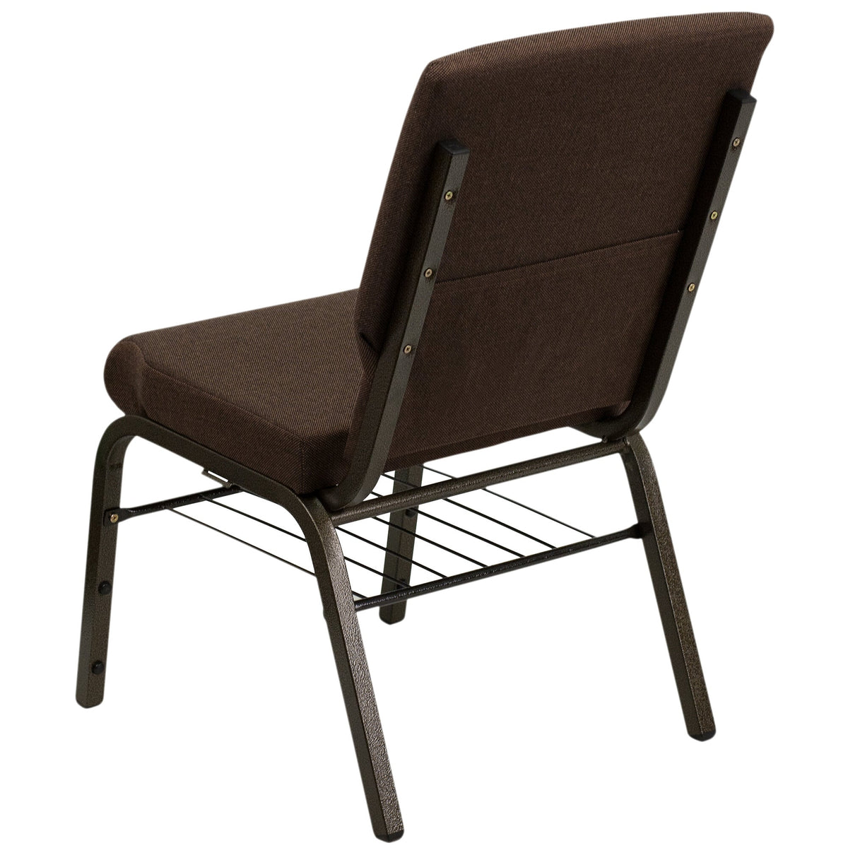 A TITAN dark brown church chair with a gold vein metal frame.