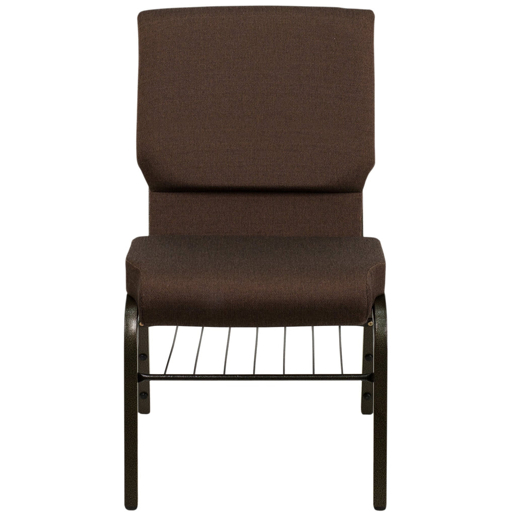 A dark brown TITAN church chair with a gold vein metal frame.