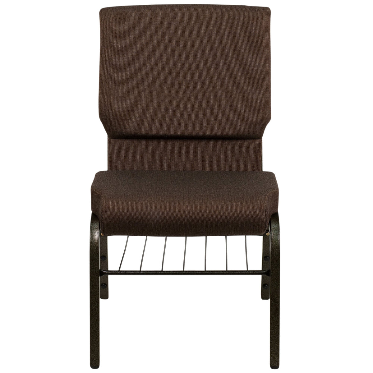 A dark brown TITAN church chair with a gold vein metal frame.