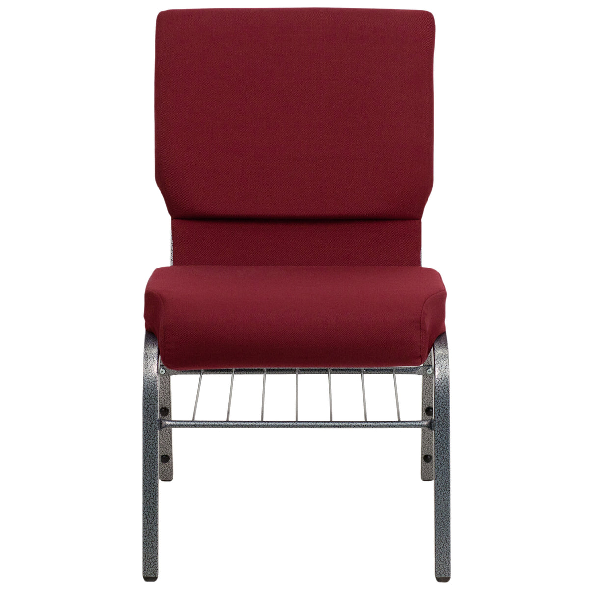 A red chair with metal legs and a metal frame.