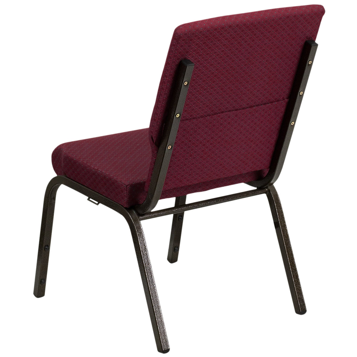 A burgundy patterned church chair with a gold metal frame.