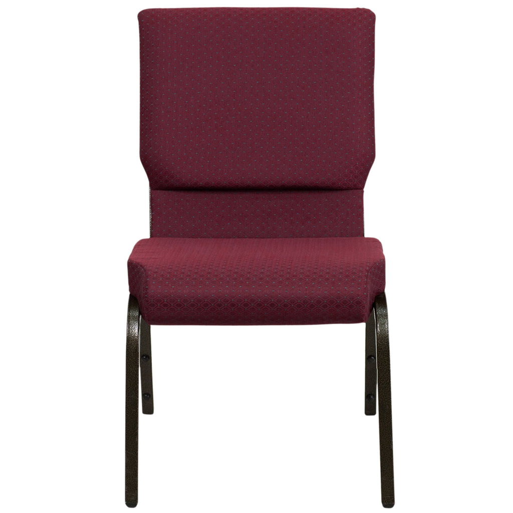A burgundy church chair with a gold vein frame.