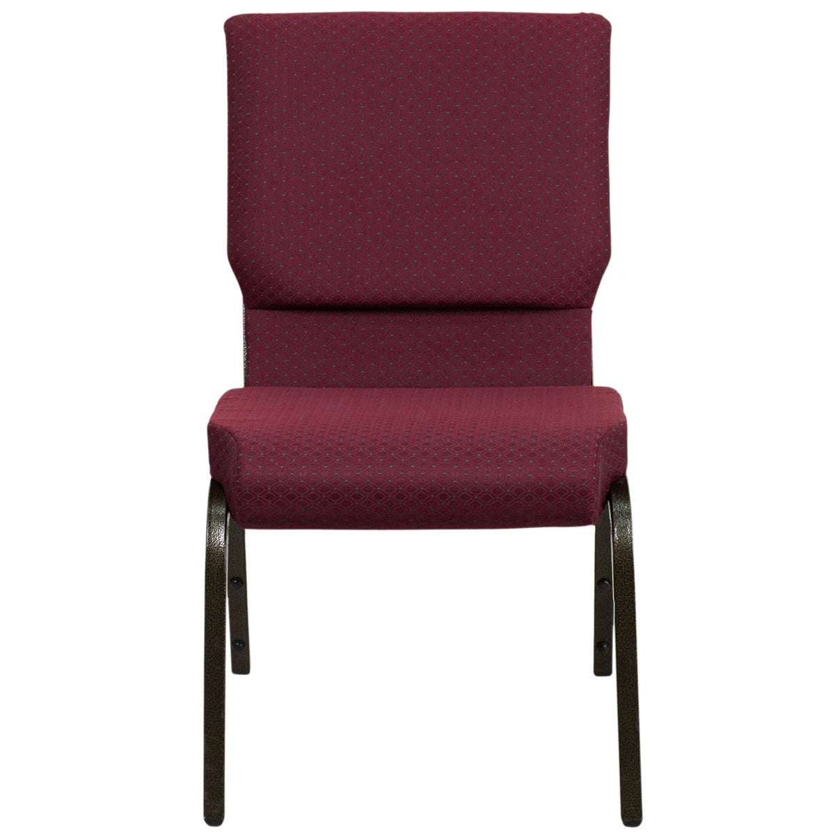 A burgundy church chair with a gold vein frame.