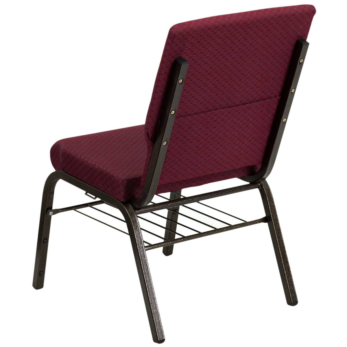 A TITAN burgundy church chair with a gold metal frame.