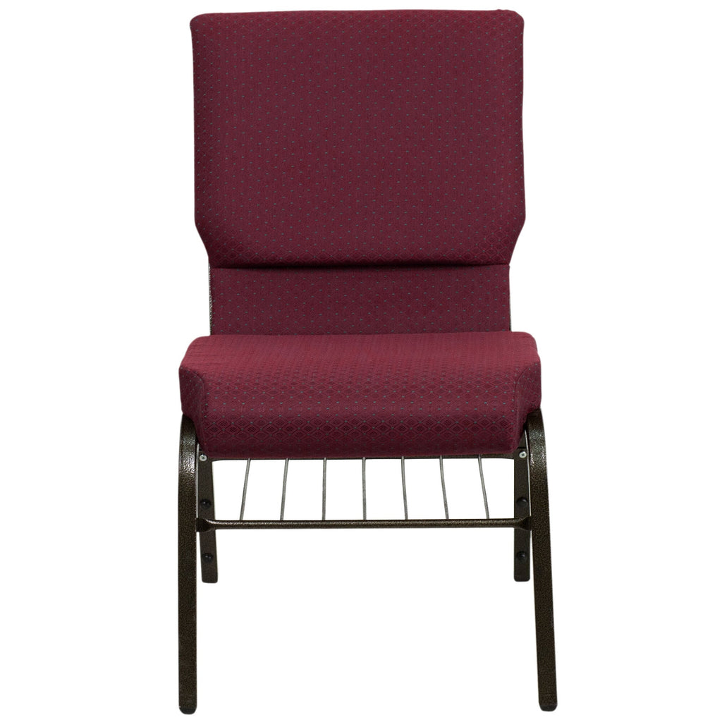 A burgundy church chair with a metal frame.