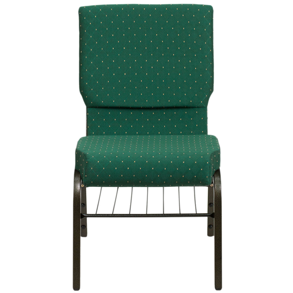 A green church chair with a gold metal frame and green dot patterned fabric.