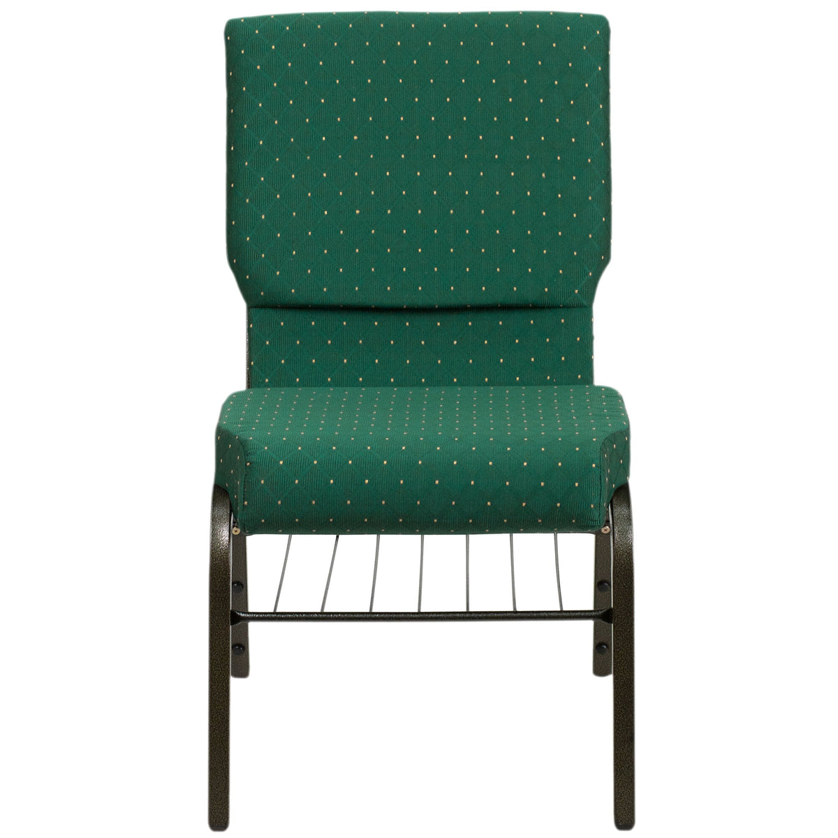 A green church chair with a gold metal frame and green dot patterned fabric.