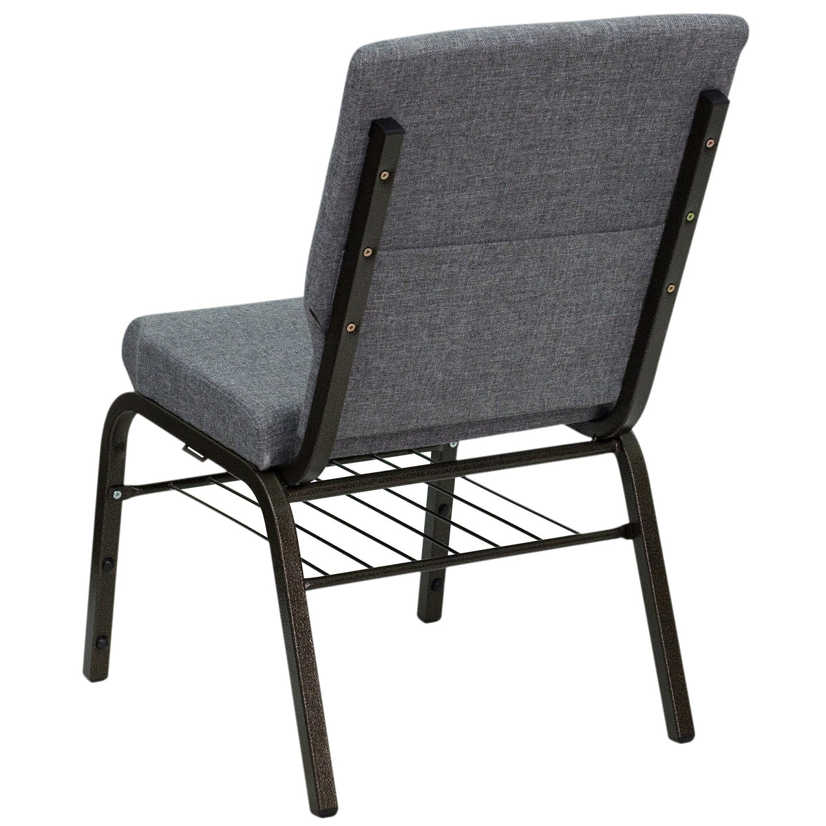 A TITAN gray church chair with a gold vein metal frame.