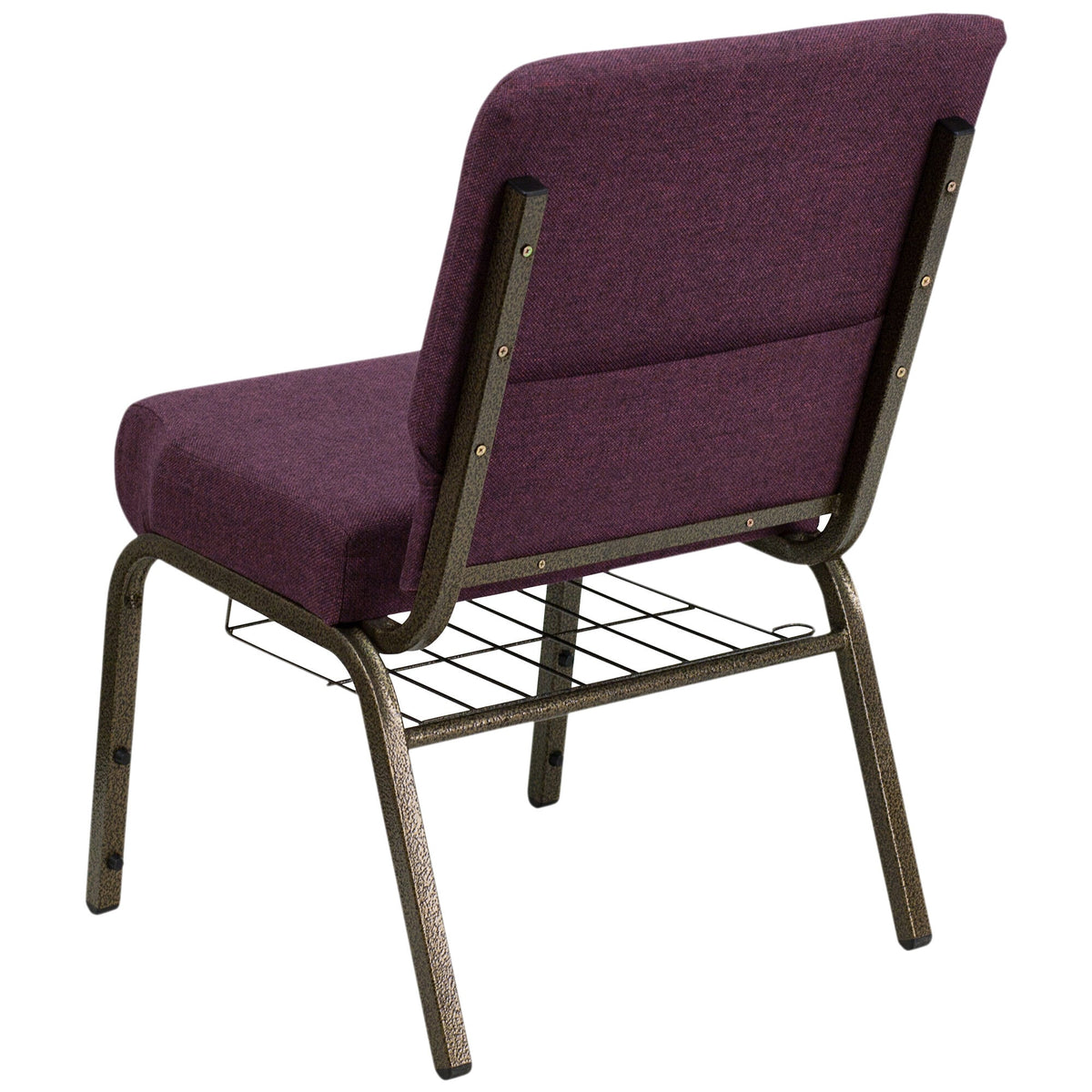 A TITAN purple church chair with metal legs and a gold vein frame.
