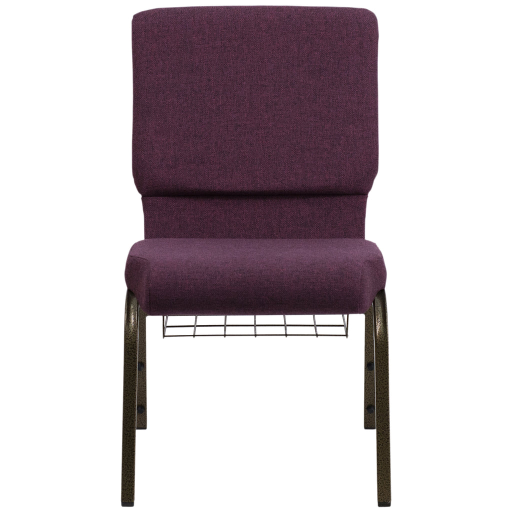 A purple TITAN church chair with a gold vein frame and a wire rack.