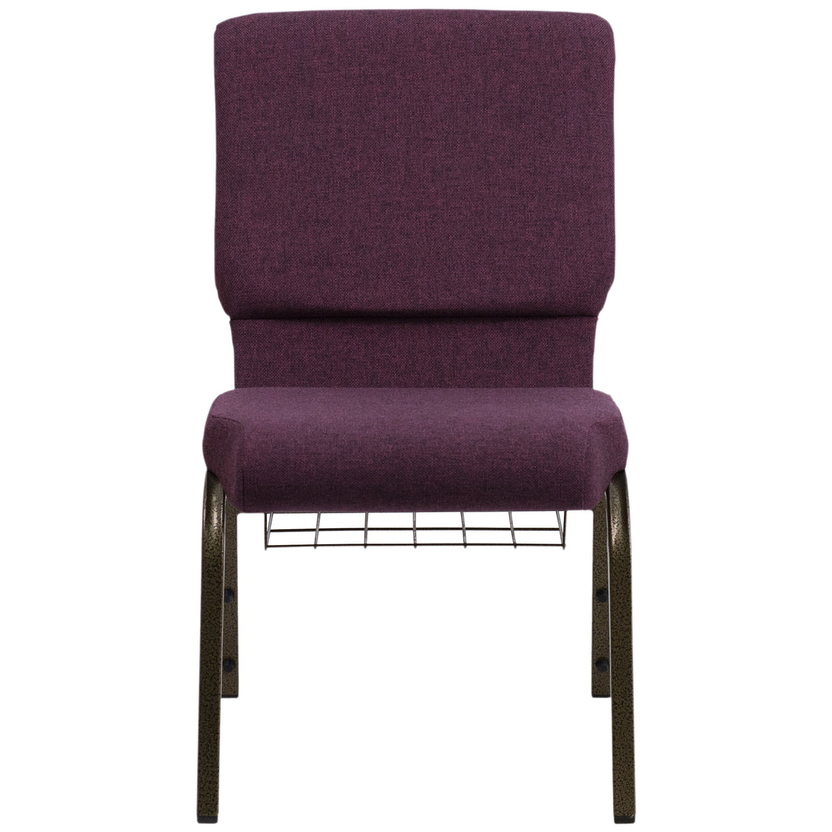 A purple TITAN church chair with a gold vein frame and a wire rack.