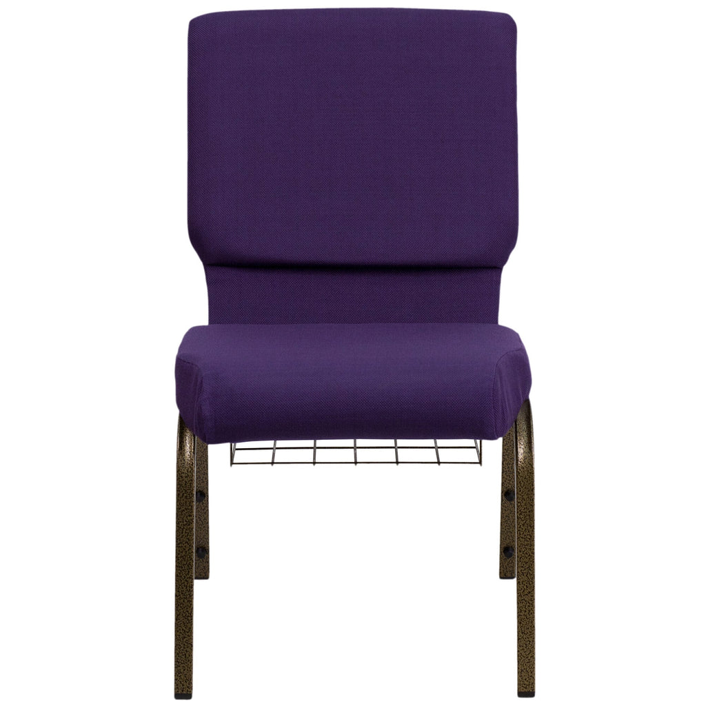 A close-up of a TITAN Royal Purple church chair with a gold vein metal frame and a communion cup book rack.